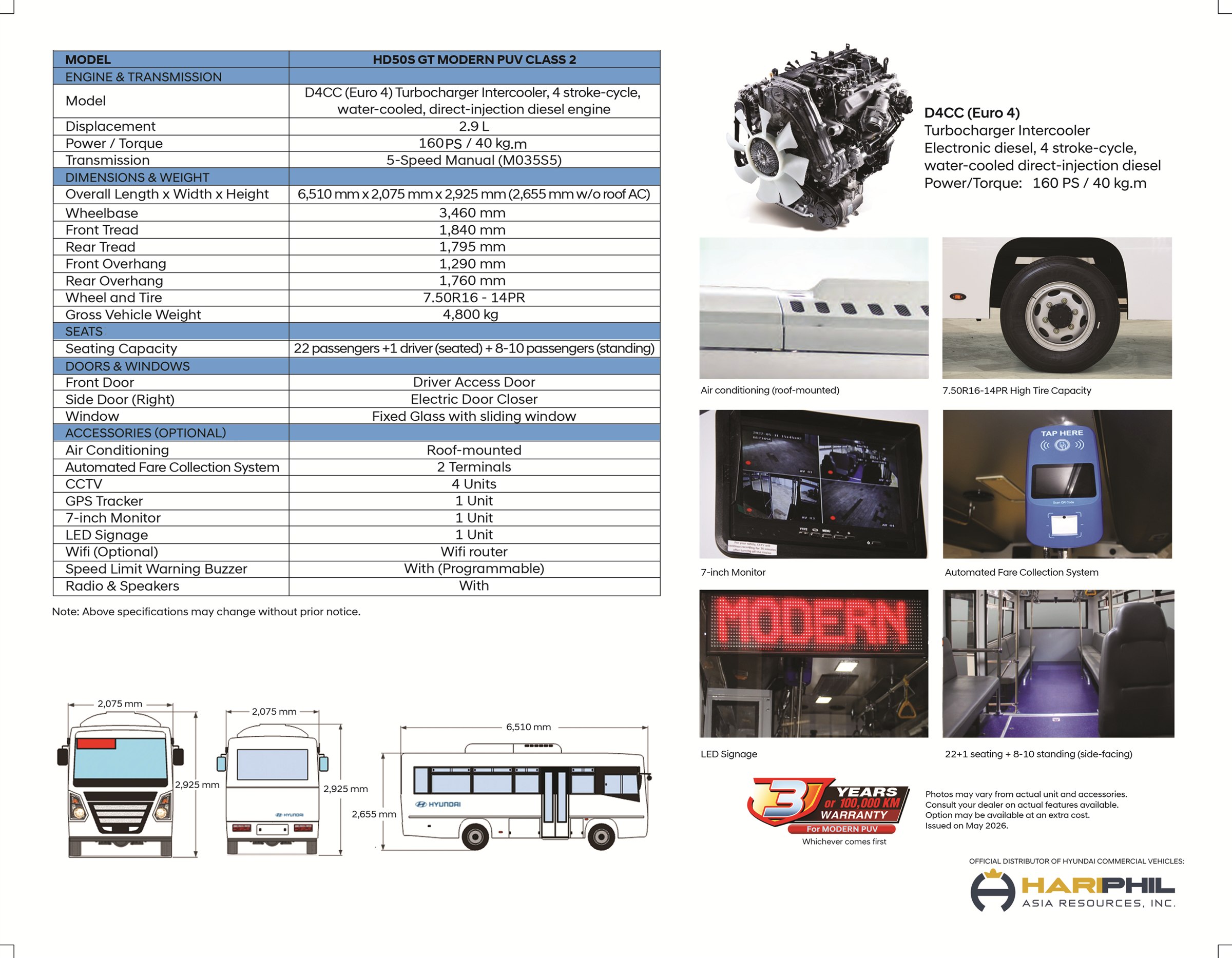 Hyundai HD50S GT Modern PUV specifications