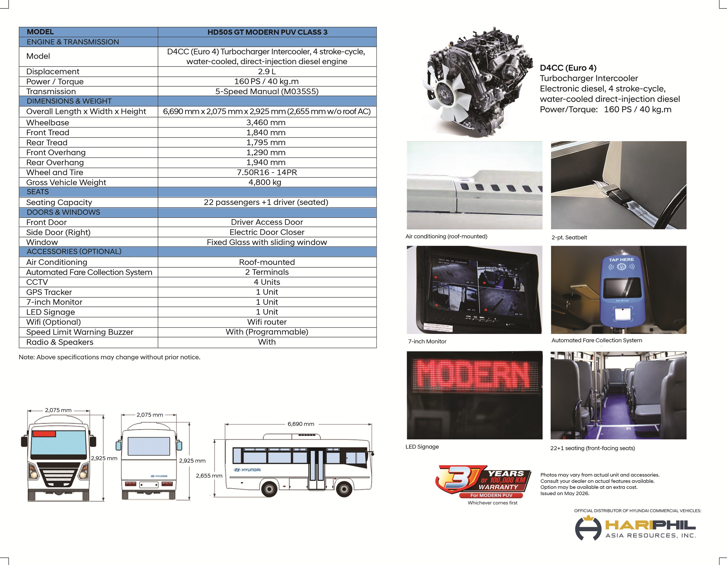 Hyundai HD50S GT Modern PUV specifications