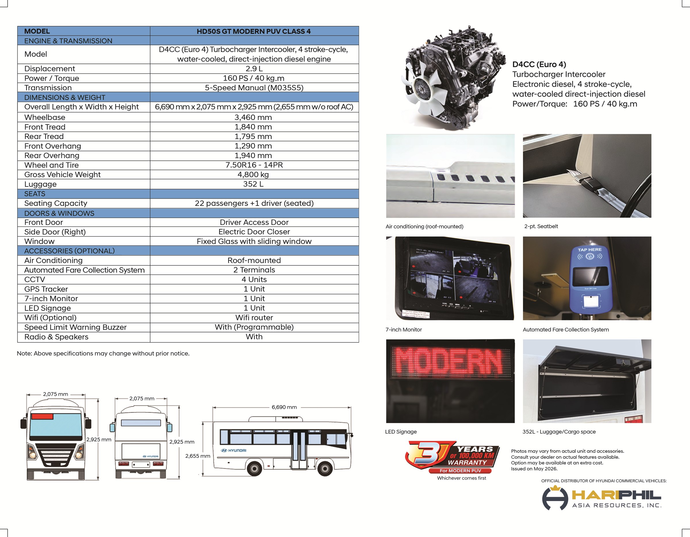 Hyundai HD50S GT Modern PUV specifications